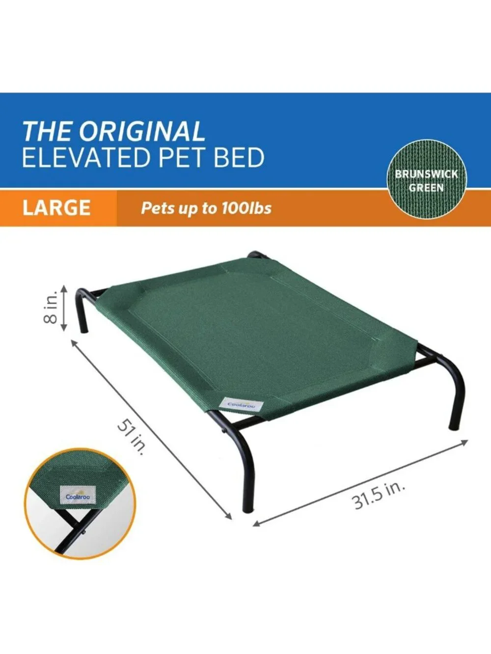 Elevated Cooling Dog Bed for Indoor/Outdoor Use - Large, Brunswick Green, 51